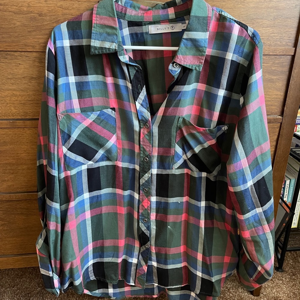 Billy T plaid button up with ruffle - L